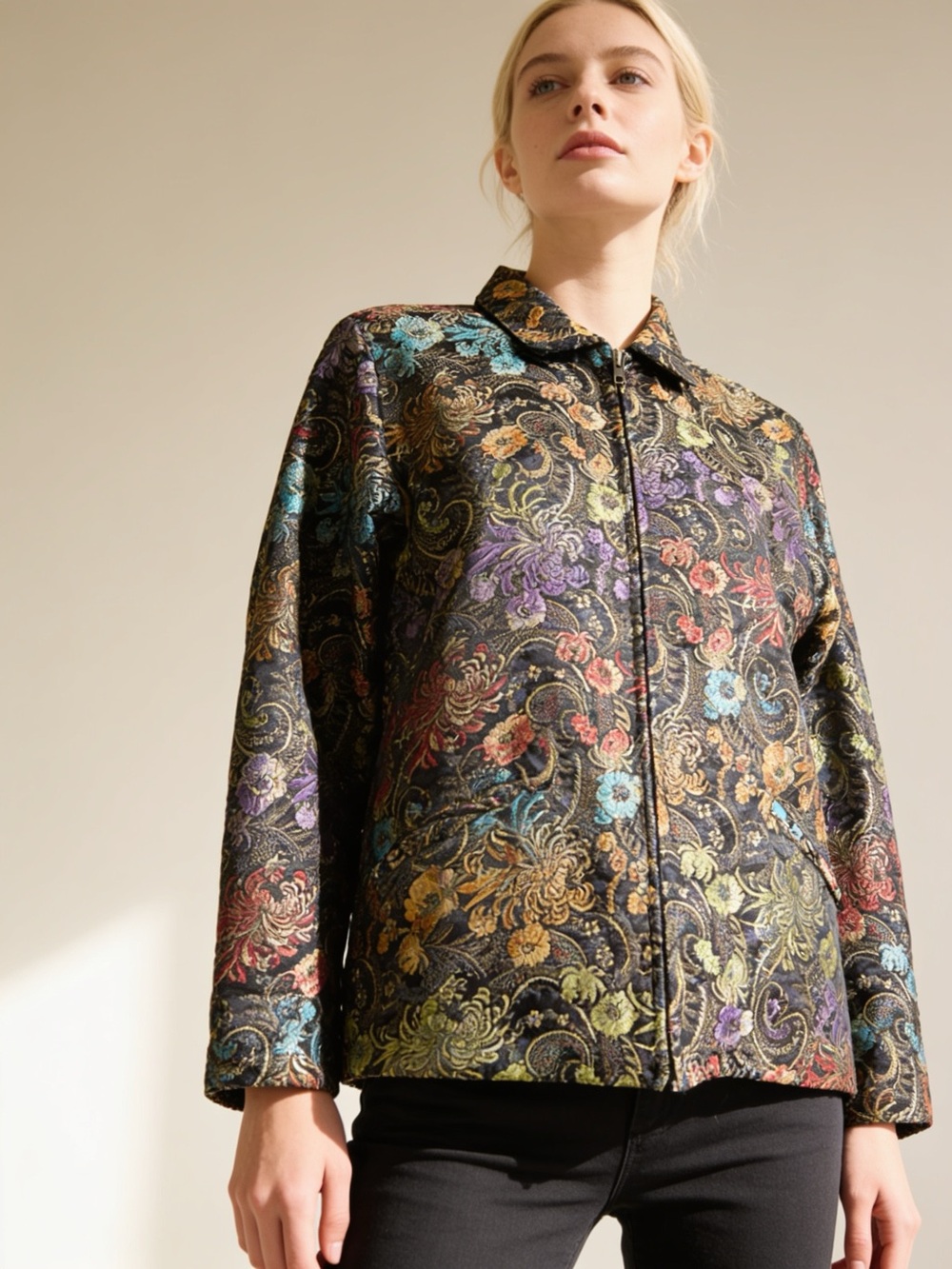 Chico’s Design Floral Brocade Quilted Jacket Size 0 (S) Zip Front
